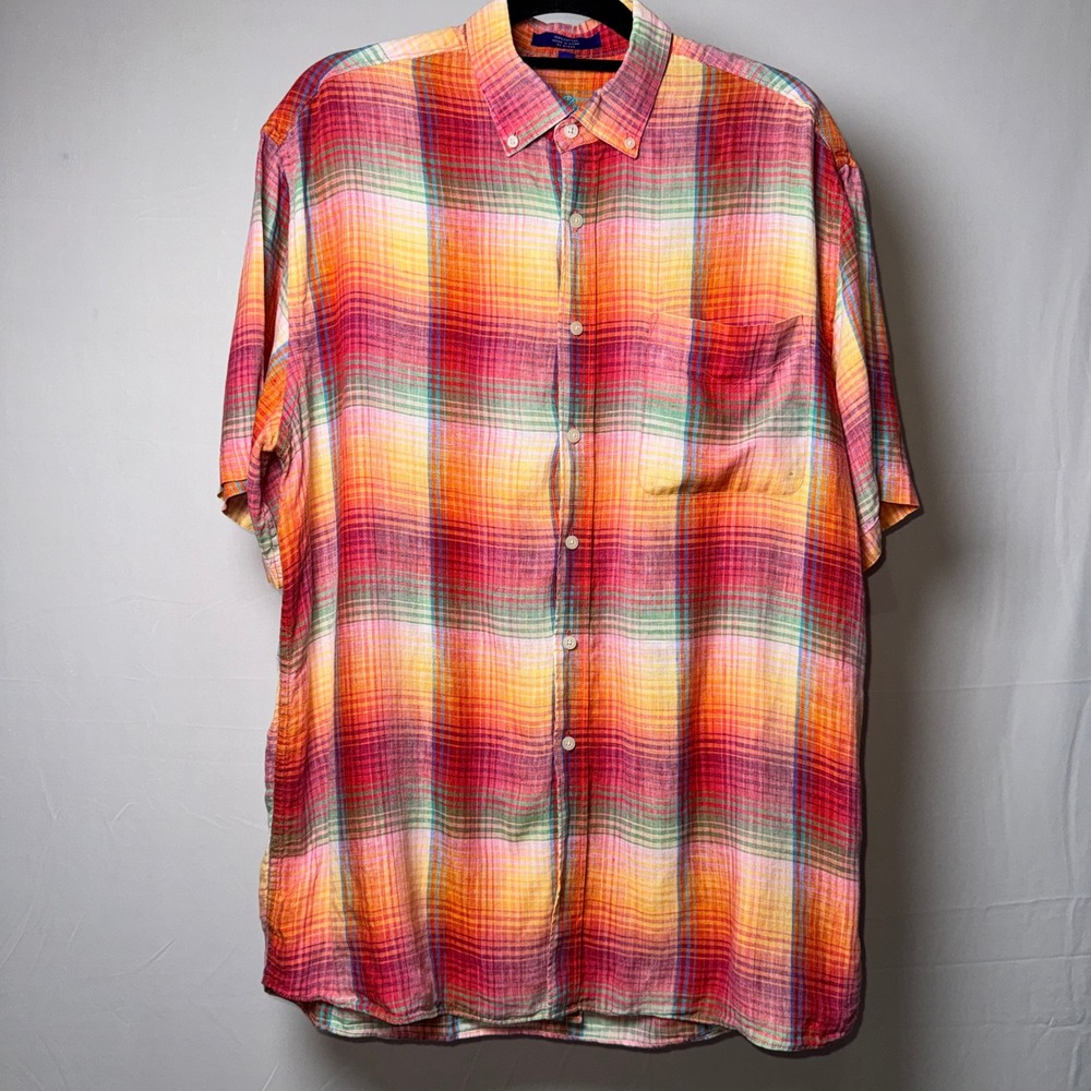 Alan Flusser Mens Large Plaid Button Down Shirt Short Sleeve Cotton Multi Color